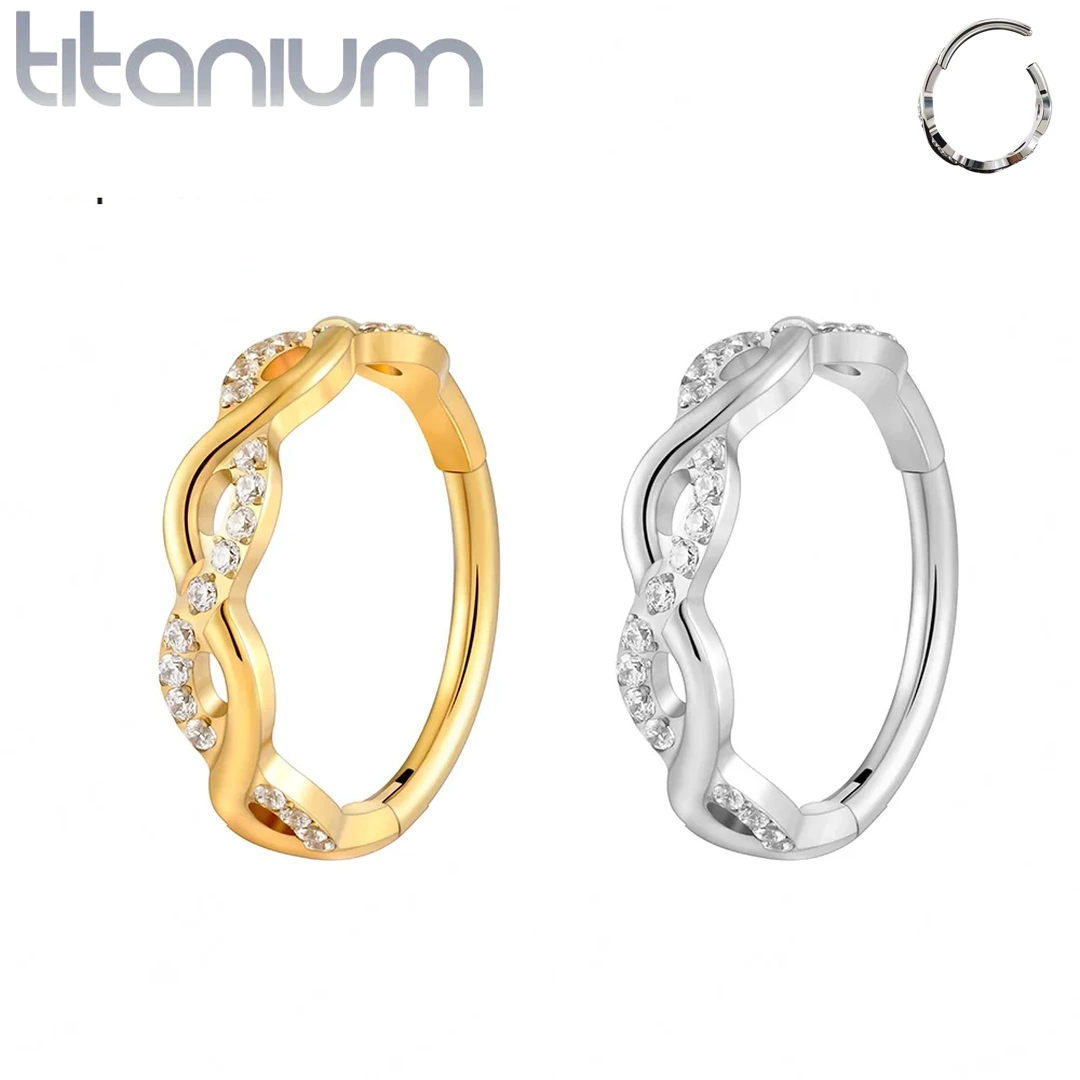 Anneau Clicker Titane Torsadé à Zircons Sertis