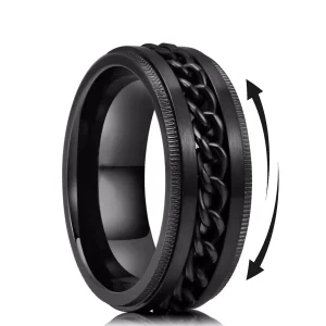 Bague Anti Stress Homme Acier Noir à Chaîne Cubaine Rotative