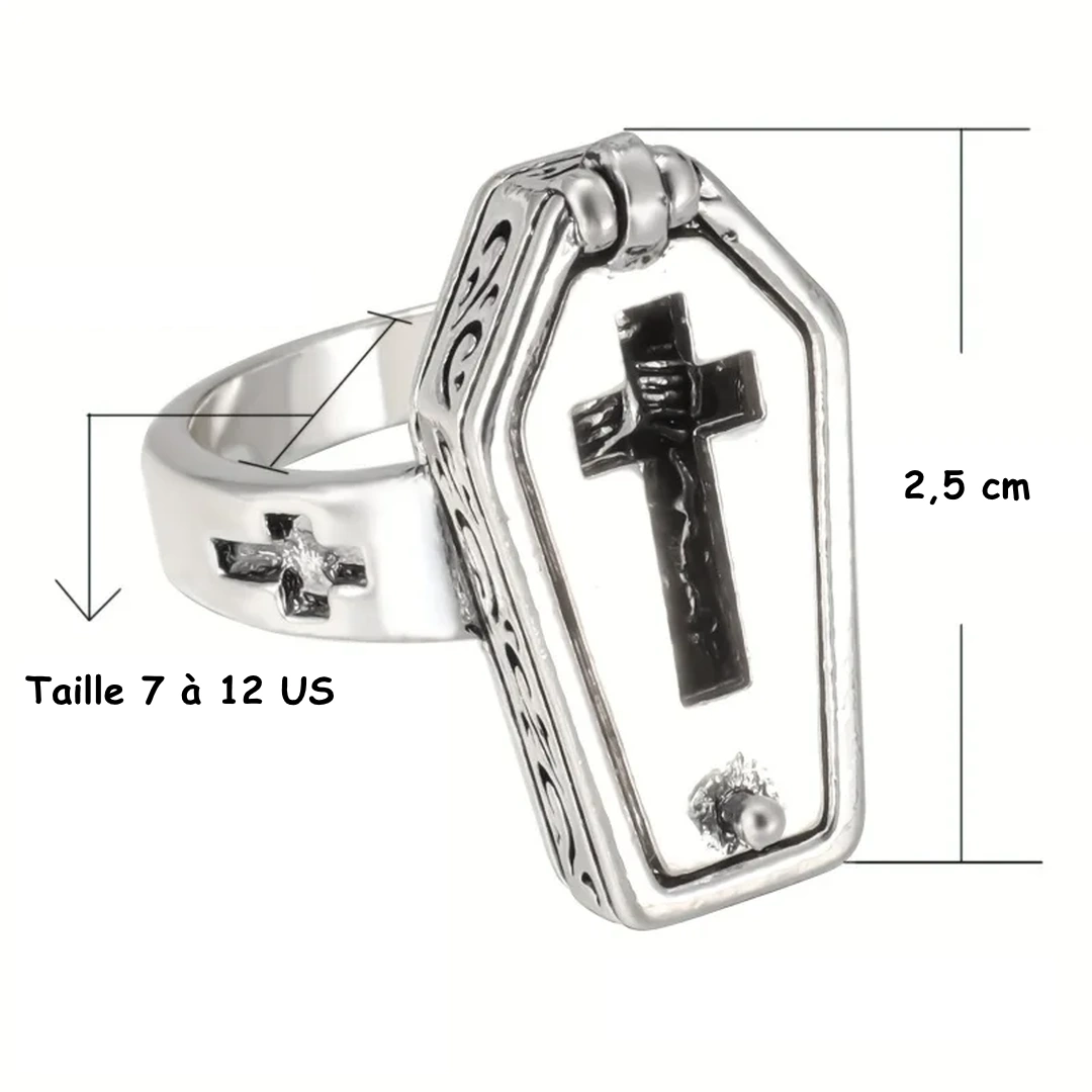 Bague Cercueil Ouvrable avec Croix et Squelette Gothique – Image 4