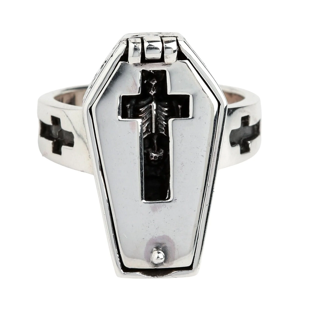 Bague Cercueil Ouvrable avec Croix et Squelette Gothique – Image 3