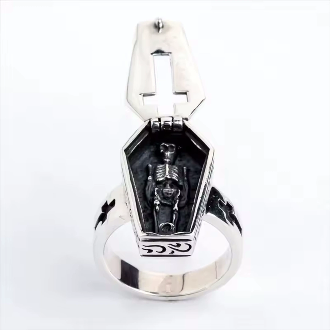Bague Cercueil Ouvrable avec Croix et Squelette Gothique – Image 6