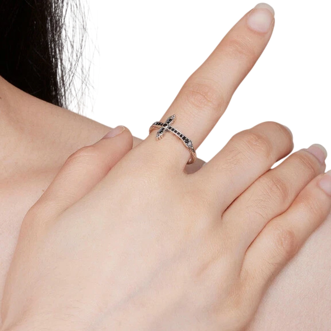 Bague Croix Gothique en Argent 925 Sertie de Zircons Noirs – Image 5