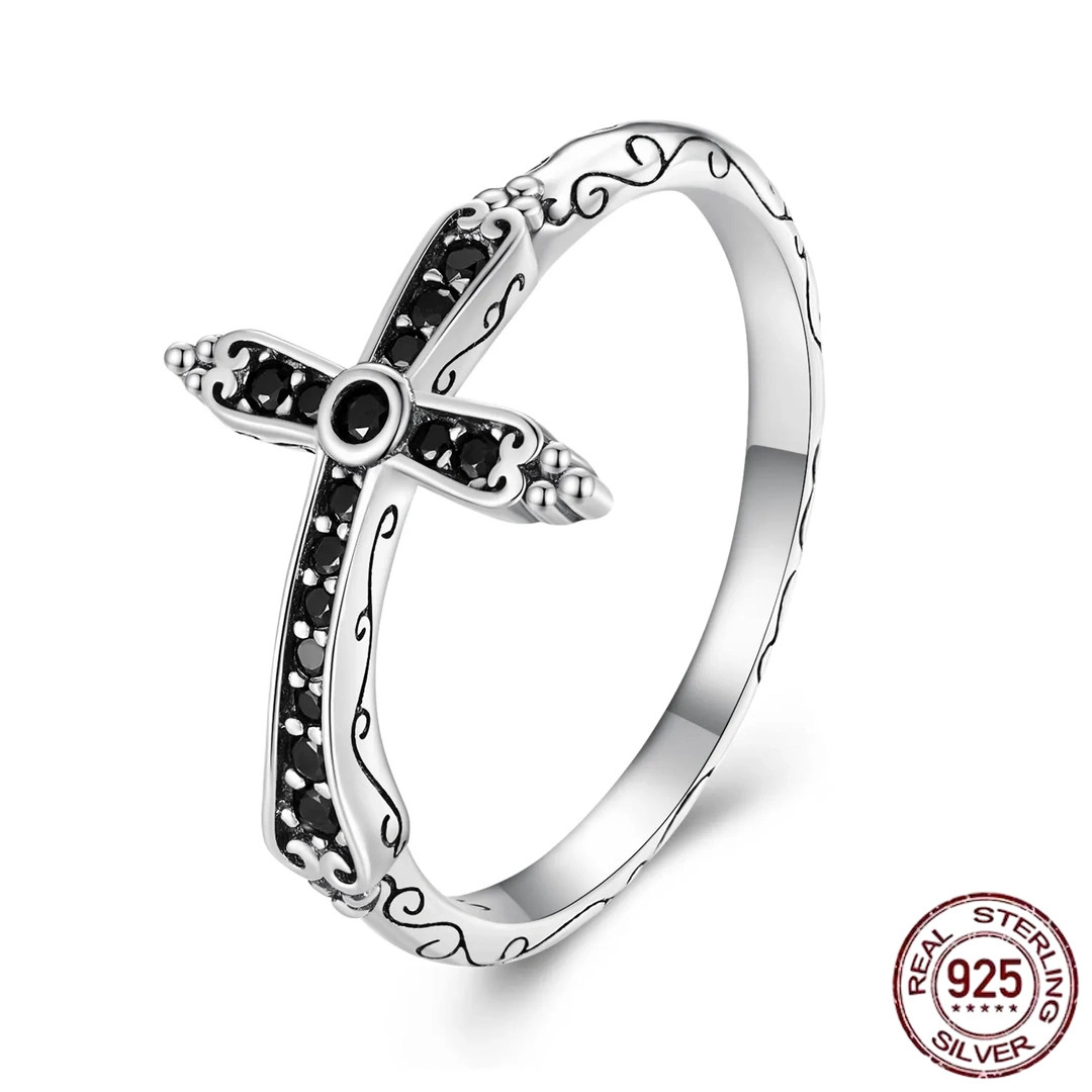 Bague Croix Gothique en Argent 925 Sertie de Zircons Noirs – Image 2