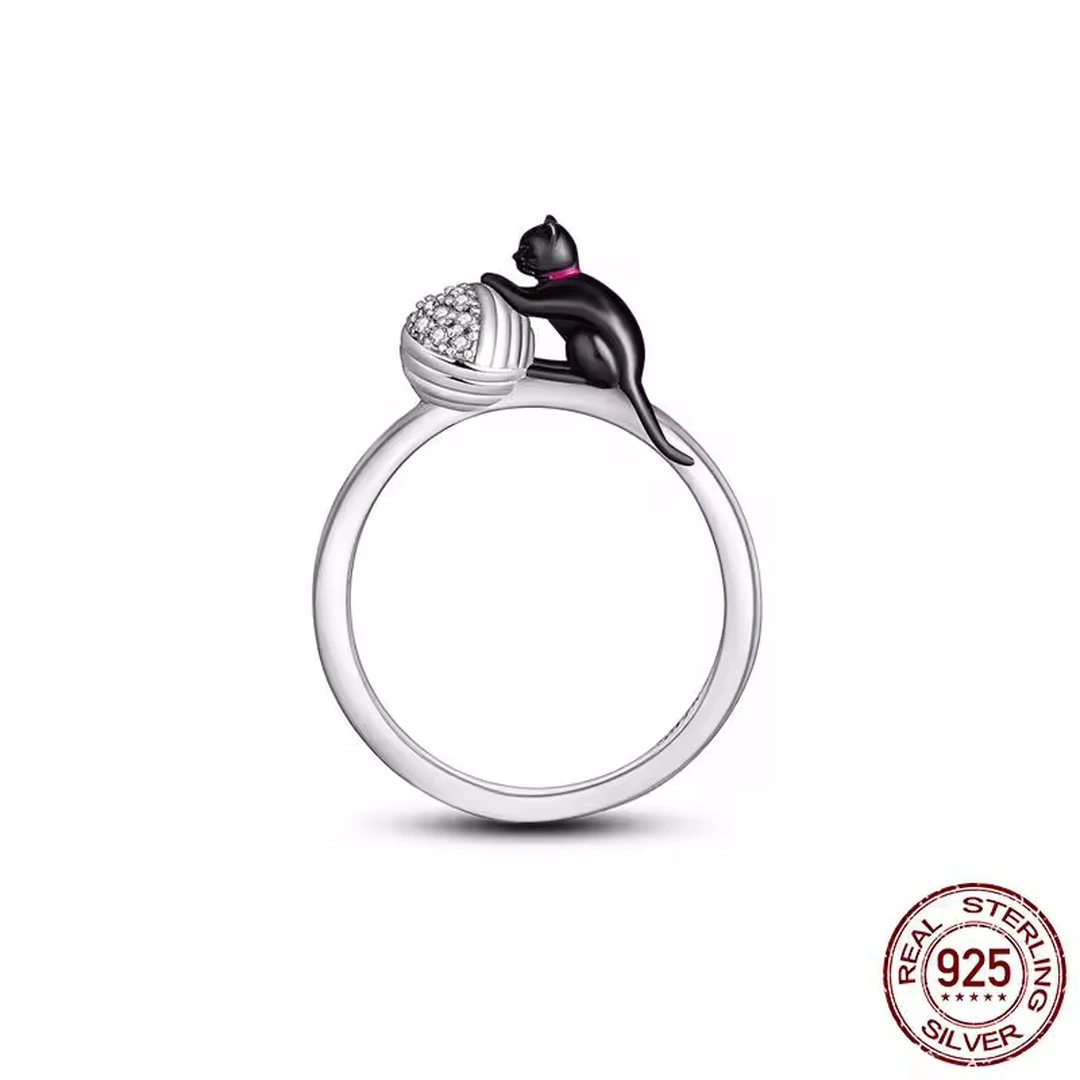 Bague Femme en Argent Chat Joueur avec Balle Scintillante