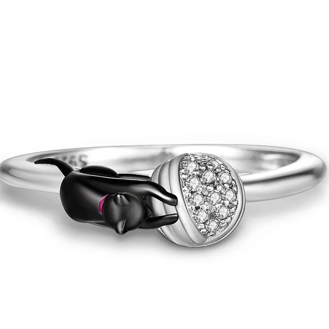 Bague Femme en Argent Chat Joueur avec Balle Scintillante – Image 4