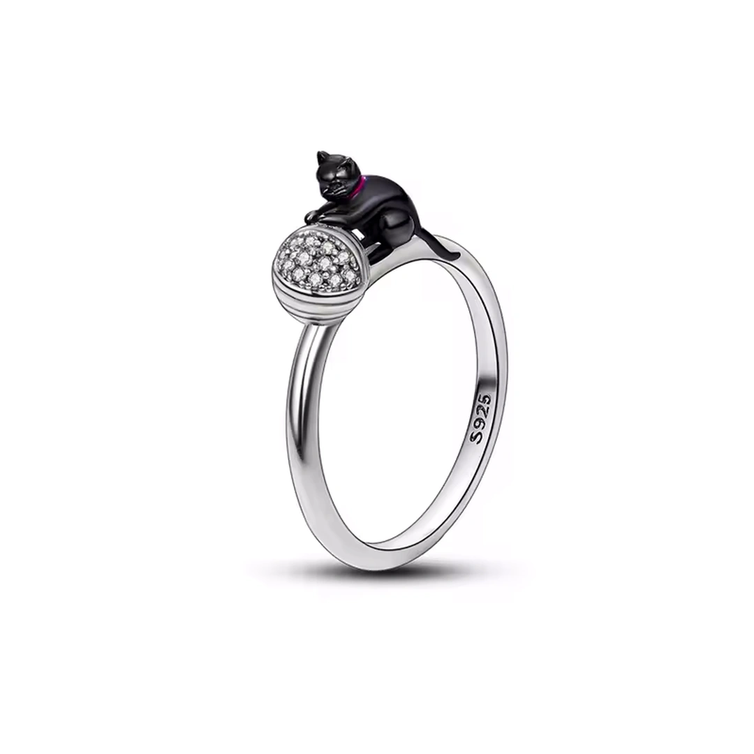 Bague Femme en Argent Chat Joueur avec Balle Scintillante – Image 3