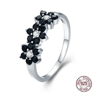 Bague Fleurs Argent 925 Zircon Noir et Blanc Femme