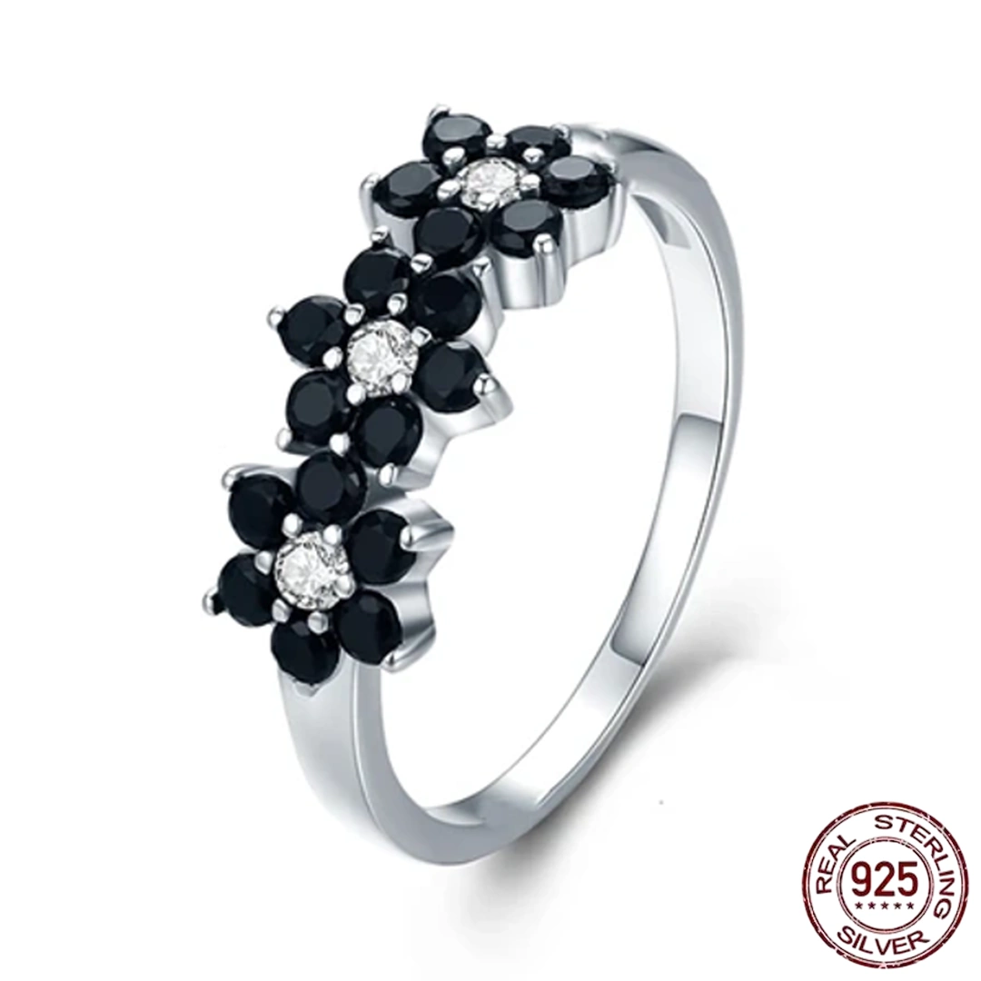 Bague Fleurs Argent 925 Zircon Noir et Blanc Femme