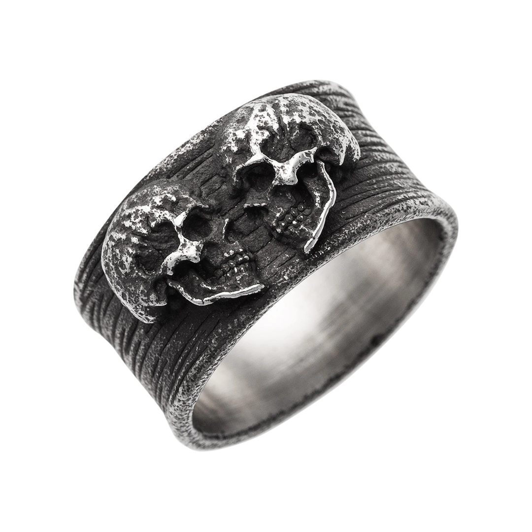 Bague Têtes de Mort Complices Acier Noir Texturé – Image 6