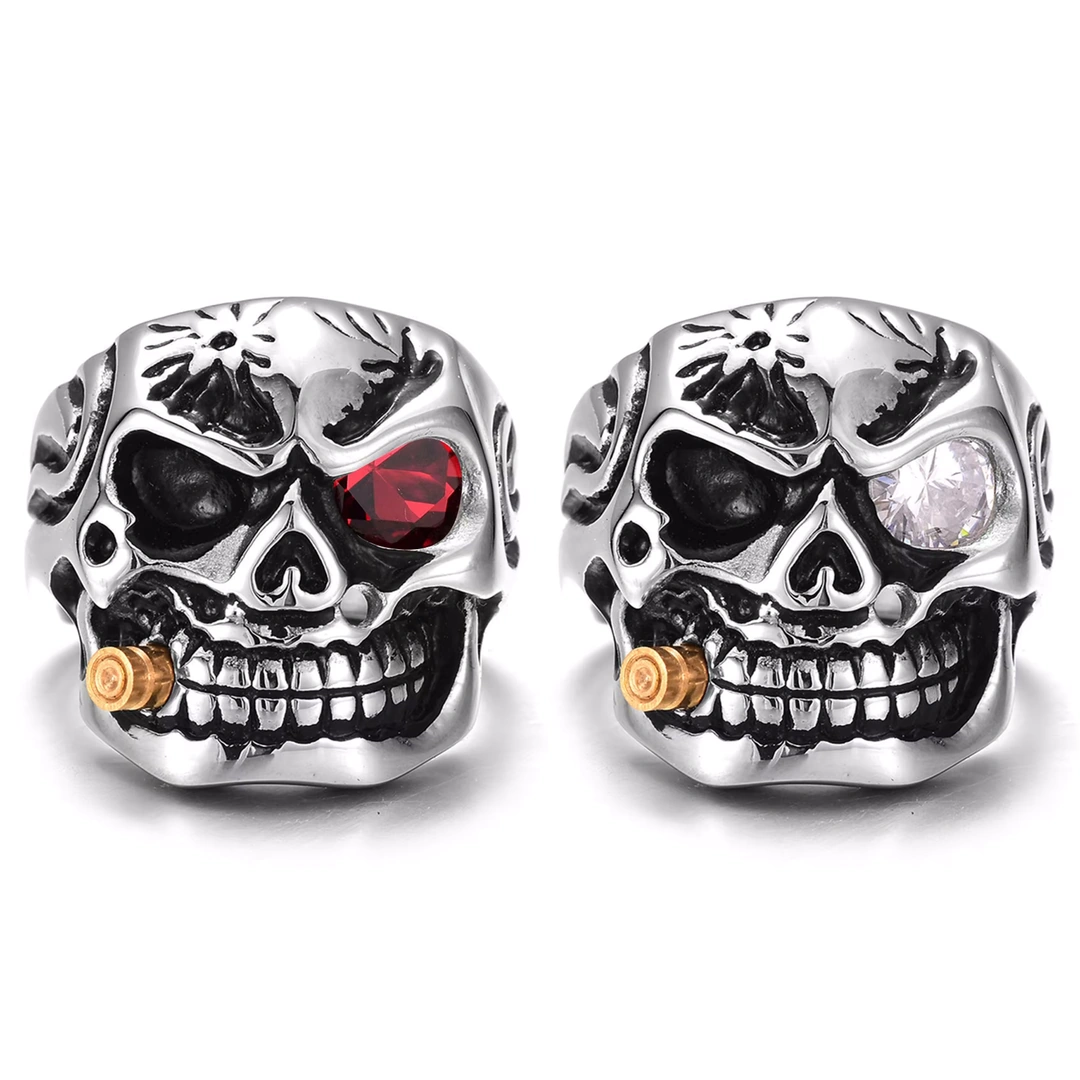 Bague Tête de Mort Homme Œil en Zircon Rouge ou Blanc