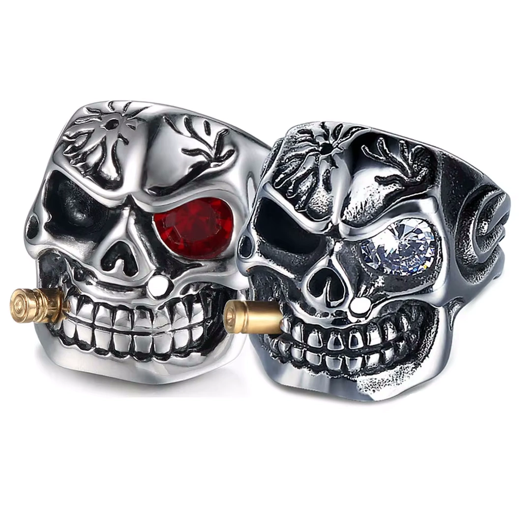 Bague Tête de Mort Homme Œil en Zircon Rouge ou Blanc – Image 3