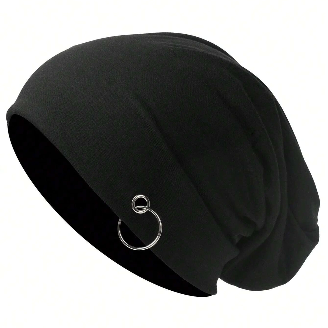 Bonnet Beanie Noir Orné d’un Anneau Métallique – Image 2
