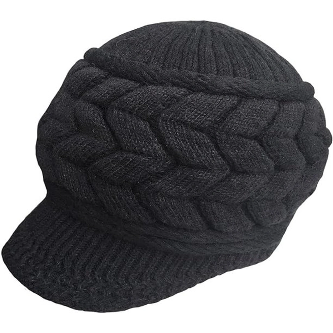 Bonnet Noir Femme en Tricot Torsadé avec Visière – Image 3