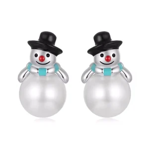 Boucles d’Oreilles Bonhomme de Neige en Argent 925 avec Perle Blanche