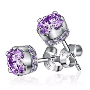 Boucles d’Oreilles Clous en Argent 925 avec Zircon Violet d’Inspiration Améthyste