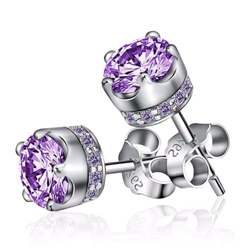 Boucles d’Oreilles Clous en Argent 925 avec Zircon Violet d’Inspiration Améthyste