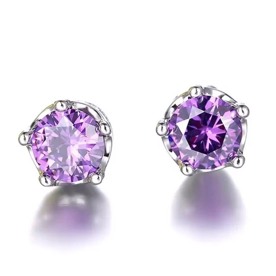Boucles d’Oreilles Clous en Argent 925 avec Zircon Violet d’Inspiration Améthyste – Image 3