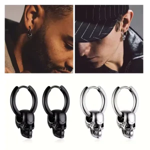 Boucles d’Oreilles Homme Gothiques Punk – Créoles Tête de Mort en Acier