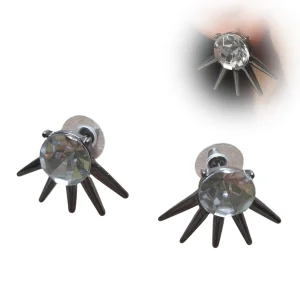 Boucles d’Oreilles Punk à Pointes Noires & Zircon à Facettes