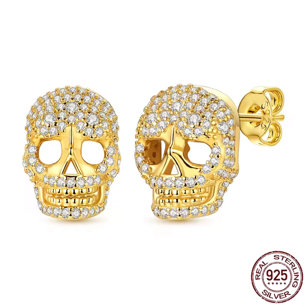 Boucles d’oreilles Crâne Doré Pavé de Zircons en Argent 925