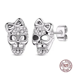 Boucles d’oreilles Tête de Mort Pavée de Zircons avec Nœud