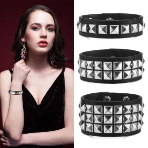 Bracelet Cuir Noir avec Rivets Punk Pyramide