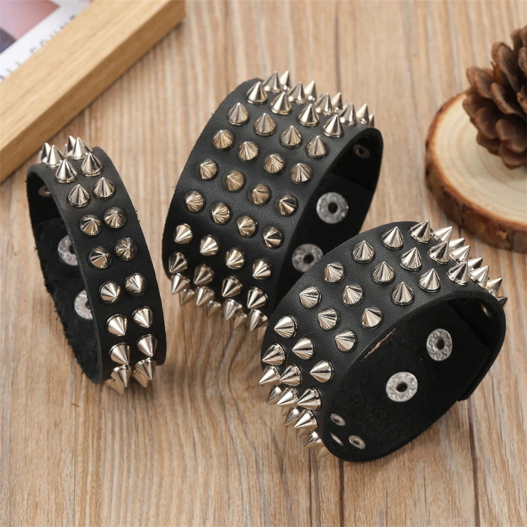 Bracelet clouté cuir véritable – 2 à 4 rangées de clous – Image 3