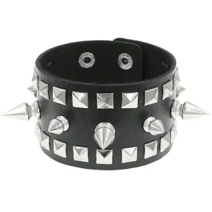 Bracelet en Cuir à Spikes et Rivets Pyramide