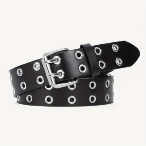 Ceinture Femme Cuir Noir Double Rangée Œillets Métalliques