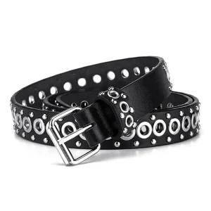 Ceinture Femme Cuir Noir avec Œillets Métalliques
