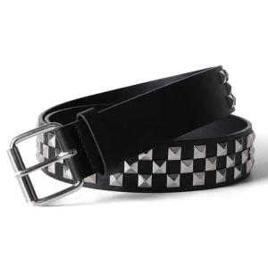 Ceinture Noire Similicuir à Rivets Pyramide Motif Damier