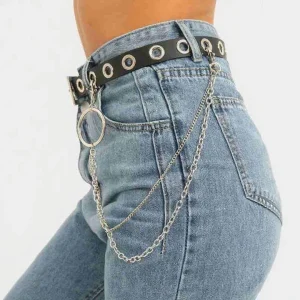 Ceinture Œillets Cuir Noir avec Double Chaîne Pendante
