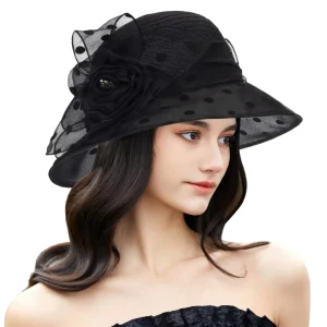 Chapeau Cloche Femme Noir en Organza à Pois avec Fleur