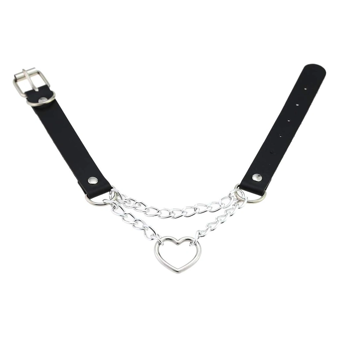 Collier Choker Cuir Noir Cœur & Chaînes Style Gothique Punk – Image 6
