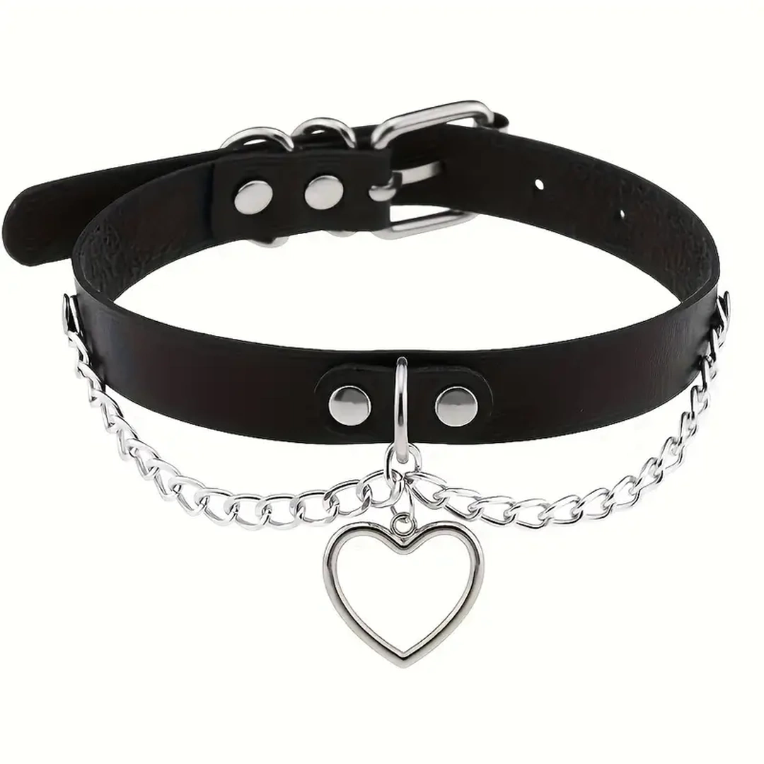 Choker Cuir Noir avec Cœur Métallique et Chaînes – Image 3