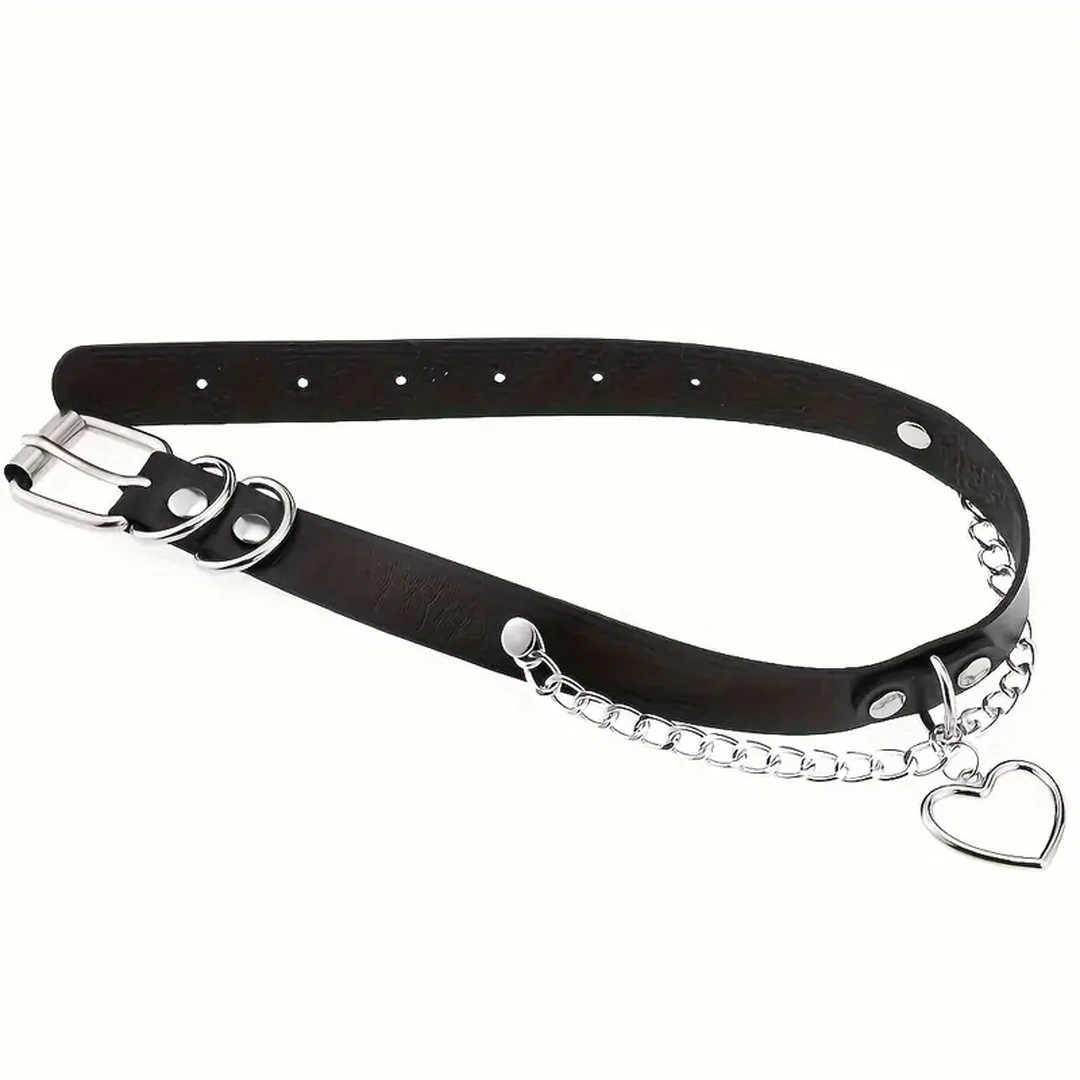 Choker Cuir Noir avec Cœur Métallique et Chaînes – Image 5