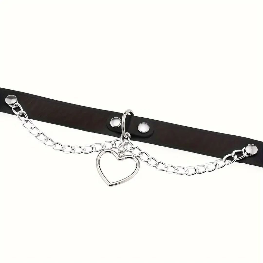 Choker Cuir Noir avec Cœur Métallique et Chaînes – Image 6