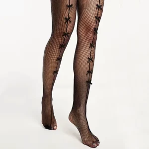 Collant Résille Noir orné de Sept Nœuds Ruban en Satin