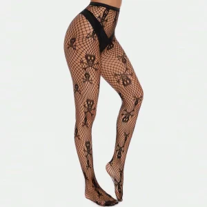 Collant Tête de Mort sur Résille Noire Ajourée