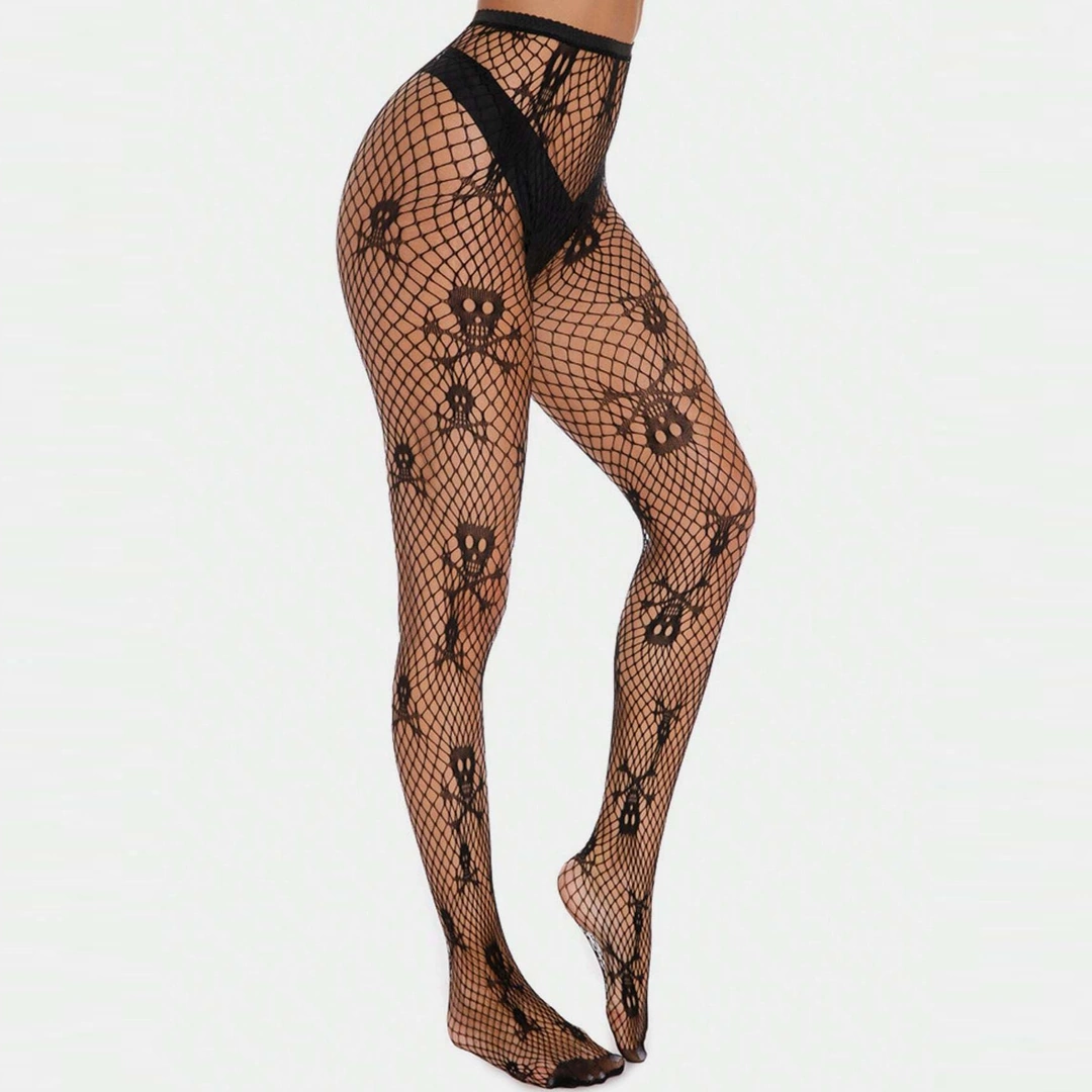 Collant Tête de Mort sur Résille Noire Ajourée