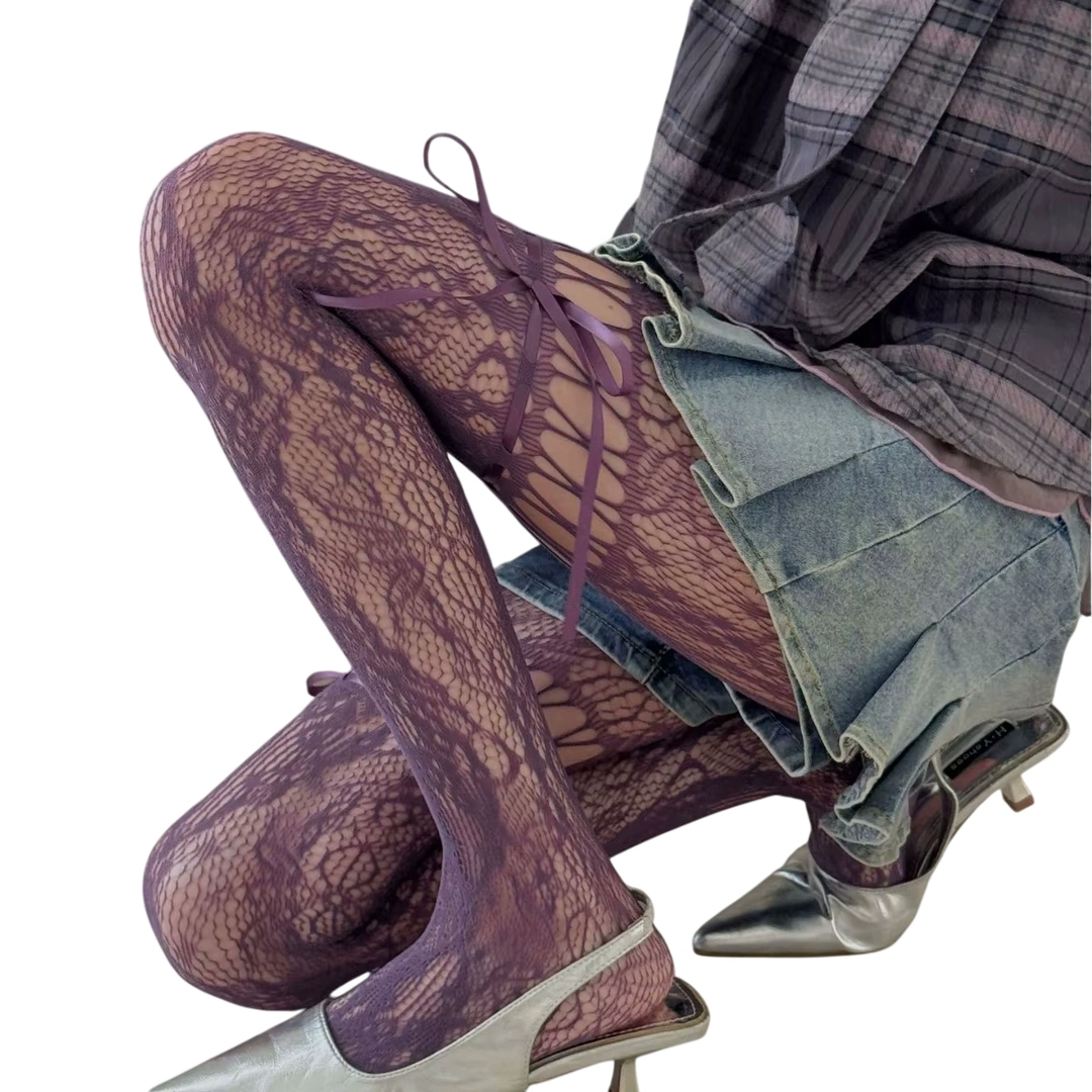 Collants Ajourés Effet Porte-Jarretelles – Noir ou Violet – Image 4