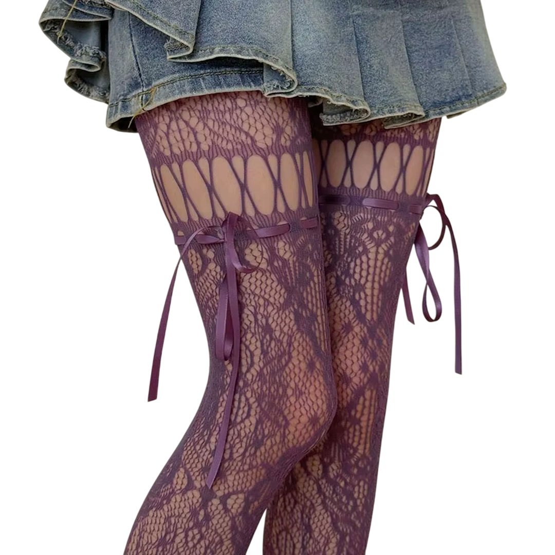 Collants Ajourés Effet Porte-Jarretelles – Noir ou Violet – Image 3