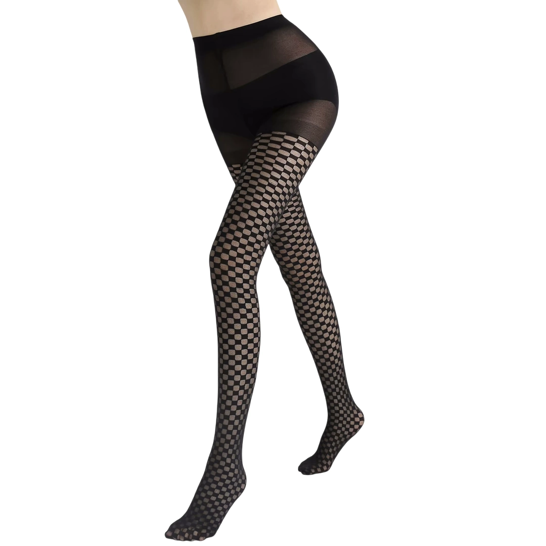 Collants Noirs Semi-Opaques au Motif Damier Ajouré – Image 6