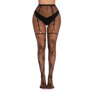 Collants Résille Gothiques à Motif Crânes