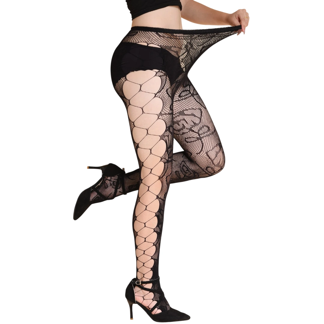 Collants Ajourés en Résille Noire à Motif Floral – Image 3