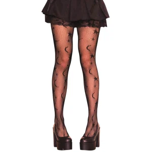 Collants Résille Noirs Motif Croissants de Lune & Étoiles