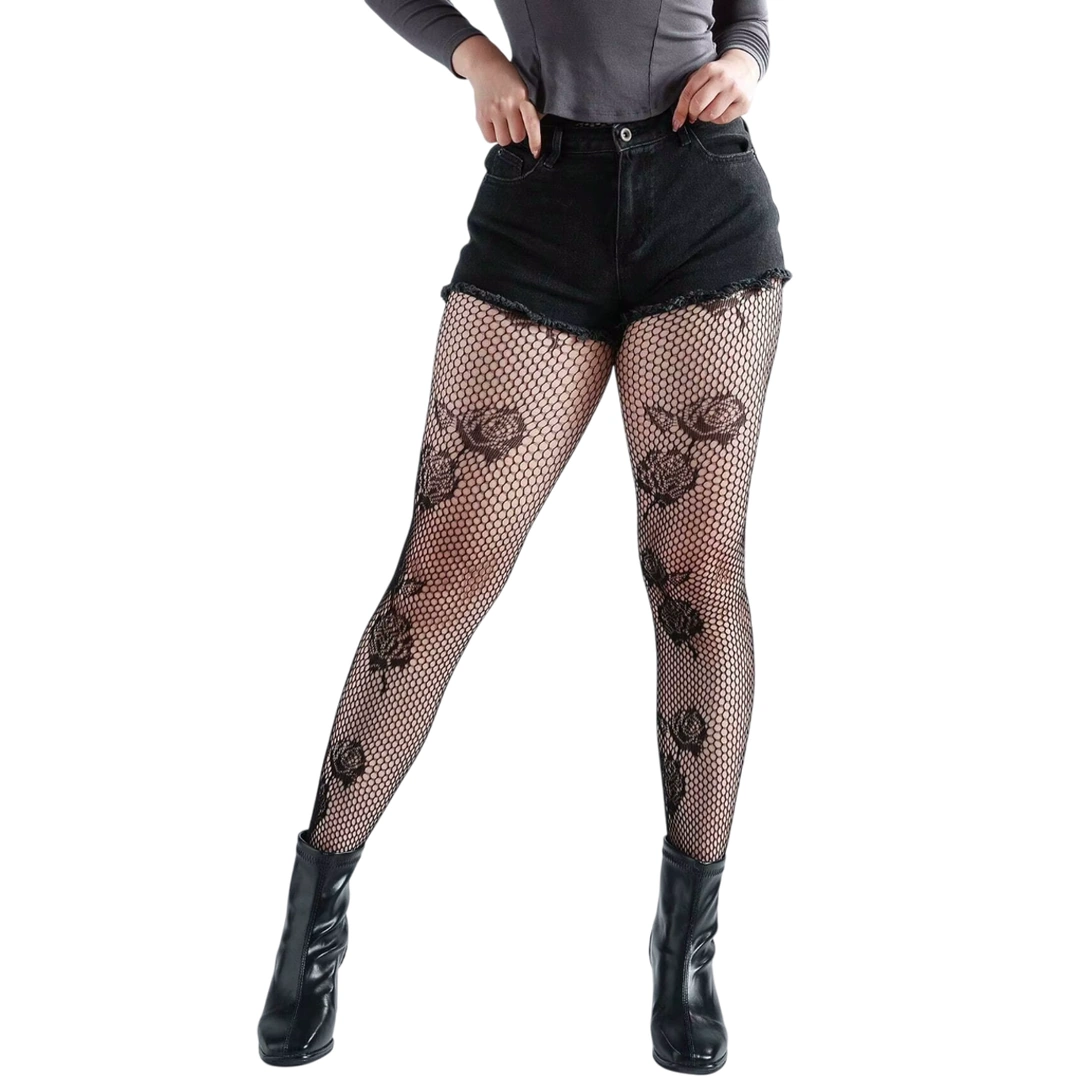 Collants Résille à Motif de Roses Noires – Taille Haute – Image 2