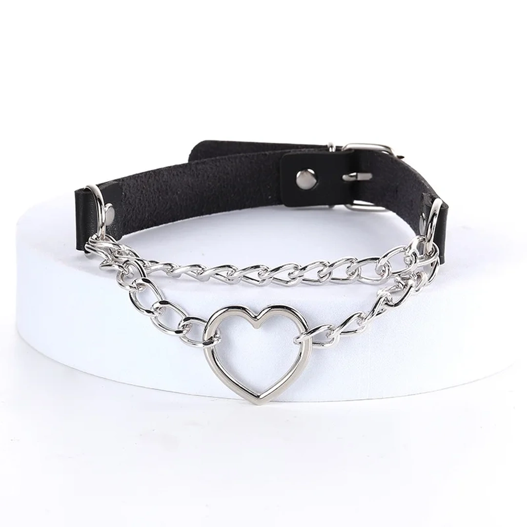 Collier Choker Cuir Noir Cœur & Chaînes Style Gothique Punk – Image 3