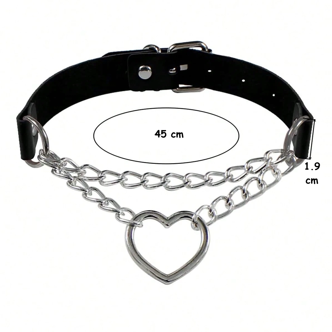 Collier Choker Cuir Noir Cœur & Chaînes Style Gothique Punk – Image 4