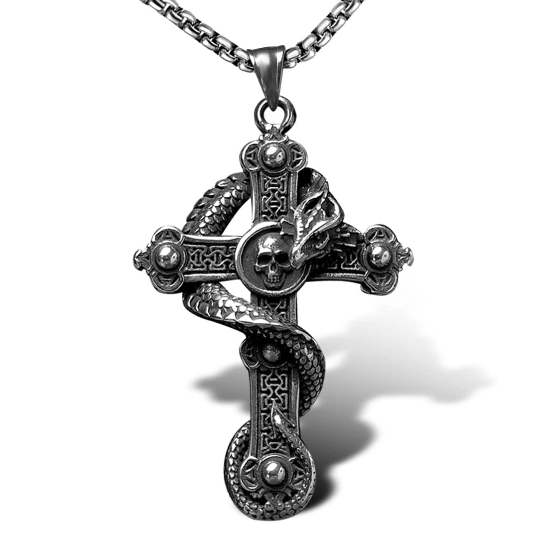 Collier Croix Gothique Enlacée d’un Dragon & Crâne en Acier – Image 2